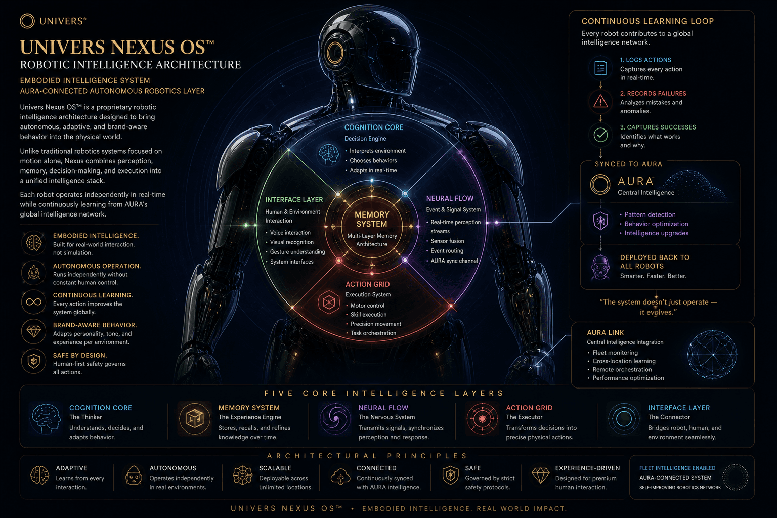 Univers Nexus OS™ Robotic Intelligence Architecture, 5 intelligence layers, AURA-connected autonomous fleet