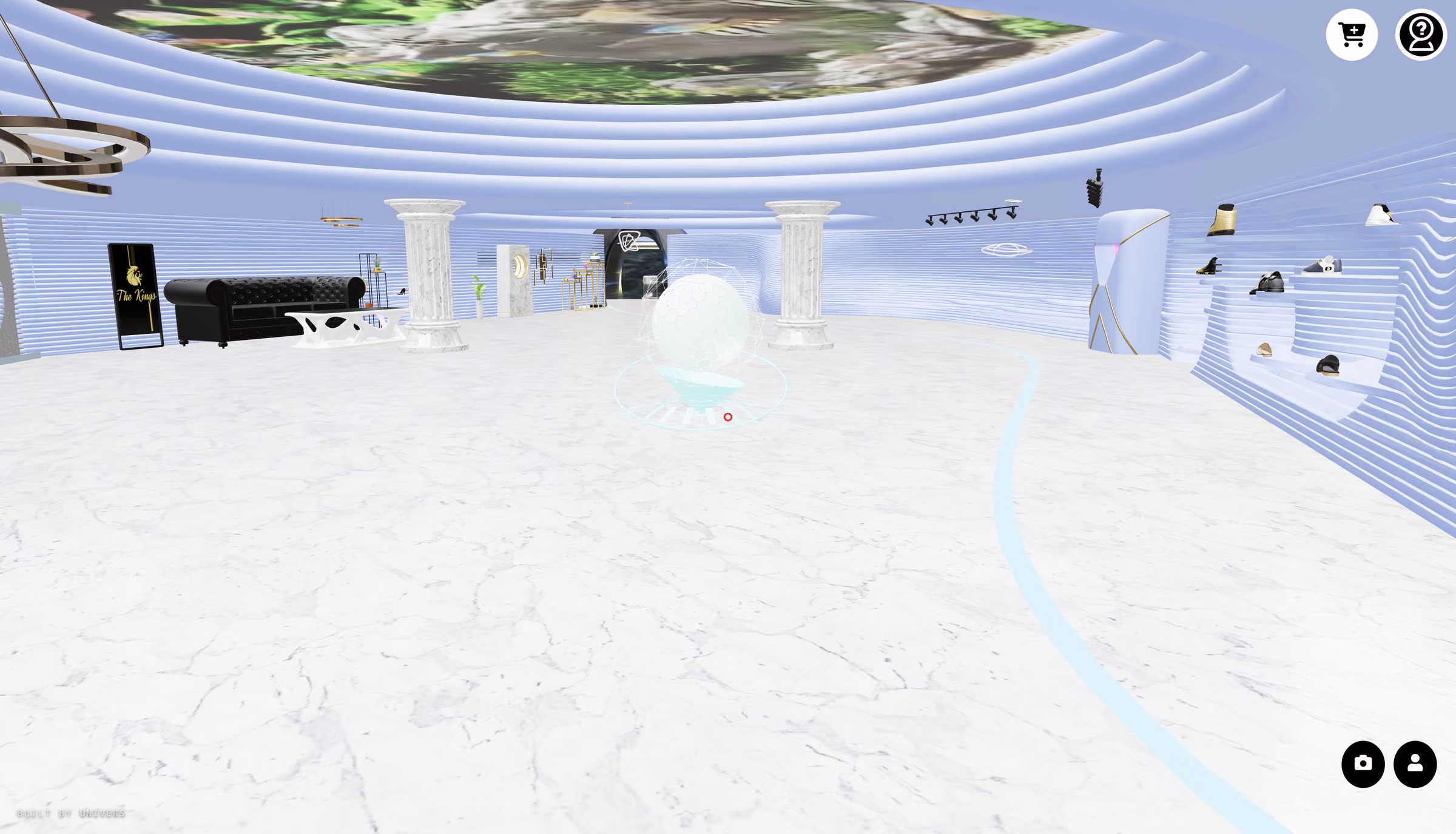 The main hall of the store: marble columns, a curved wall of shoes, seating, and a glass sphere at the centre of the floor