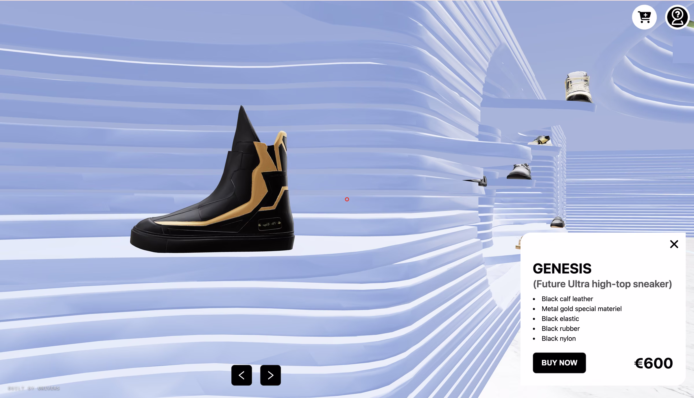 A product opened in the store: a black and gold high-top sneaker beside a panel listing its materials and price, with a buy control