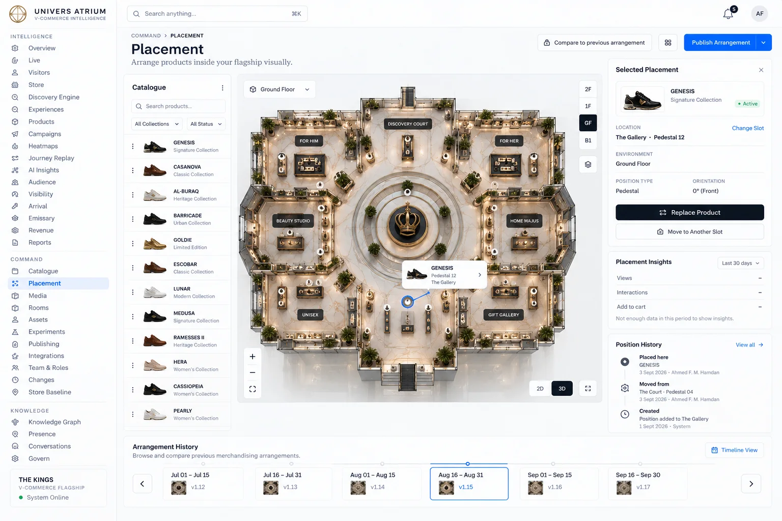 Atrium Placement: arranging pieces on the floor plan of a flagship.