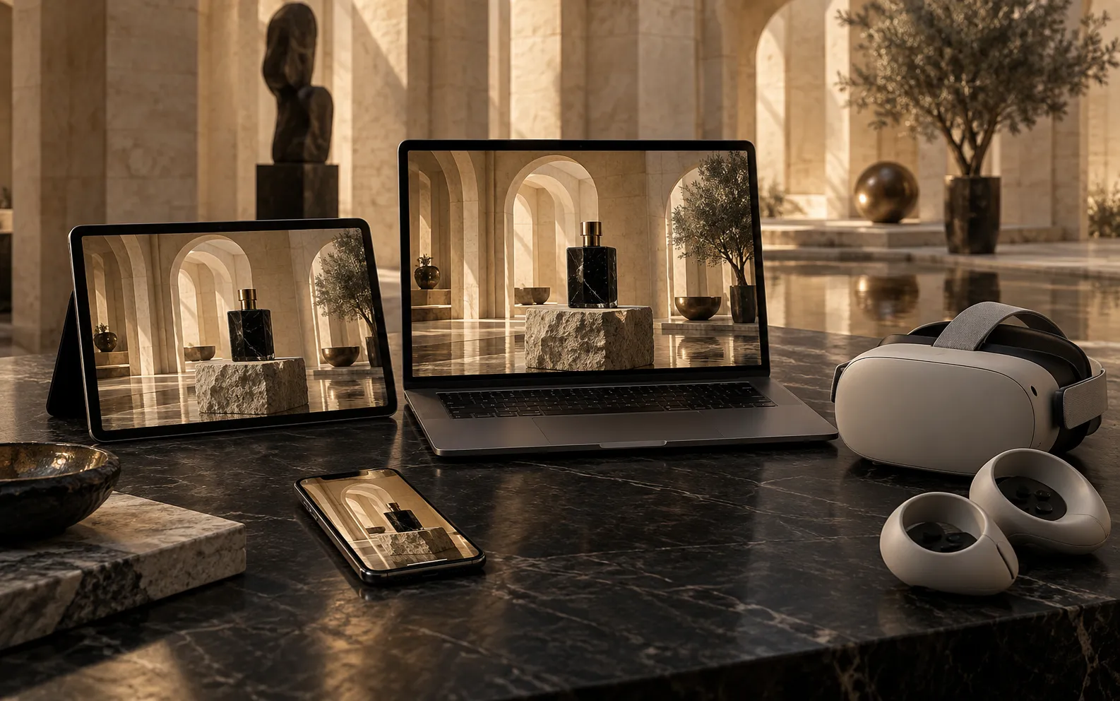 The same commercial world displayed across computer, tablet, phone and VR.