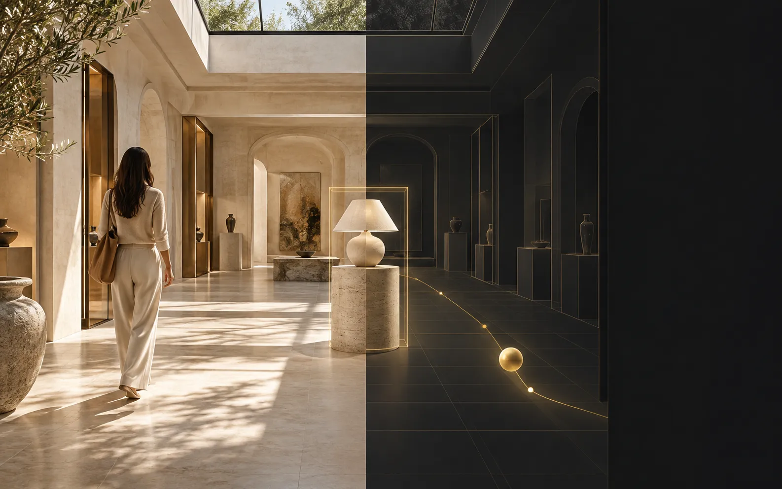 Three illustrated representations of the same gallery and lamp: human exploration, published facts for readers, and a revocable permission boundary allowing basket action.