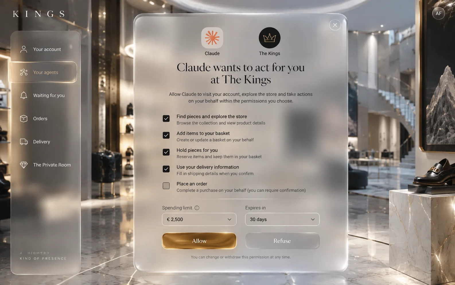 An assistant asks to act for a customer at The Kings, and the customer chooses what it may do on the house’s own screen.