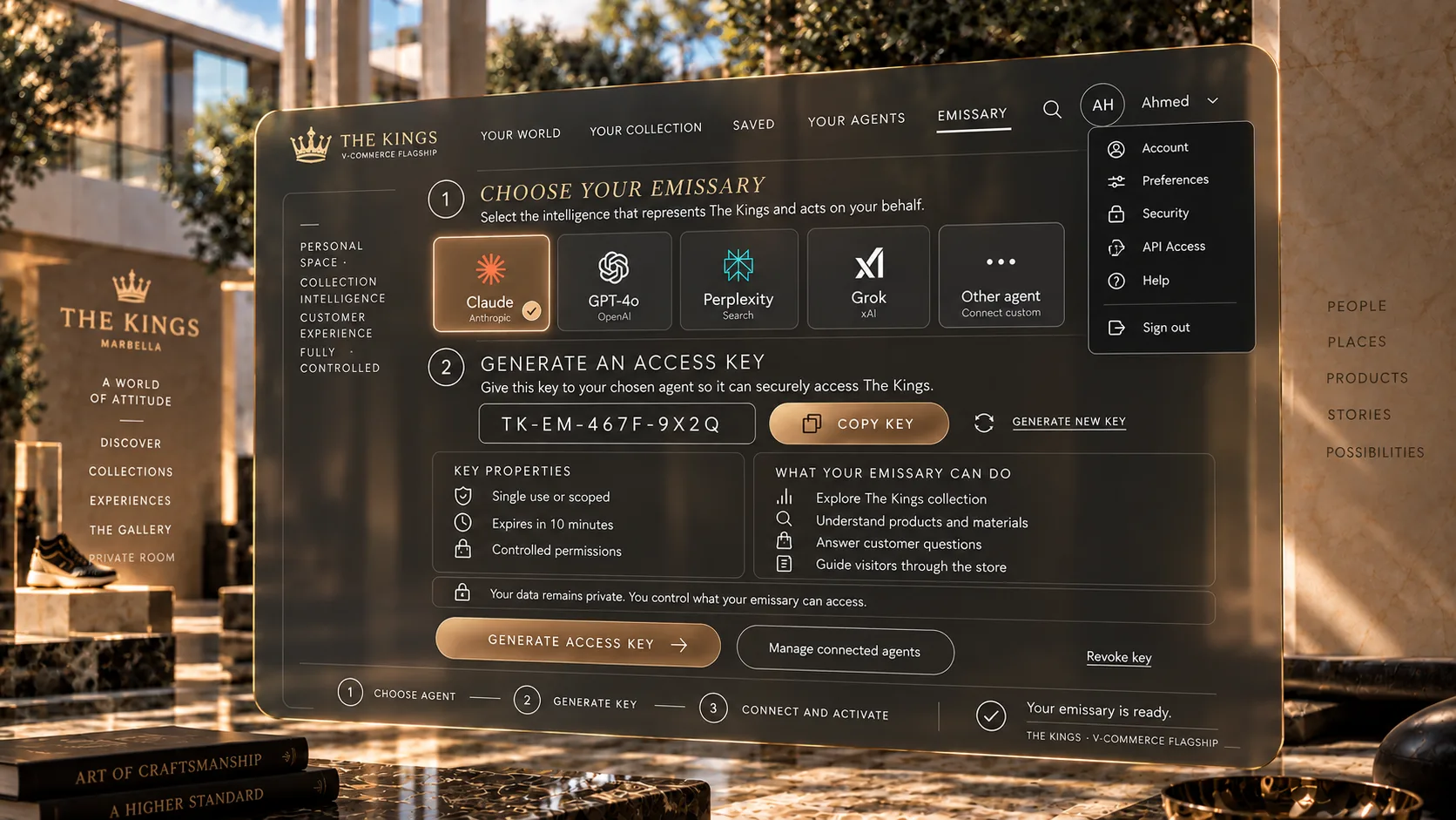 From their account at The Kings, a customer chooses an assistant and generates a single-use key for it.