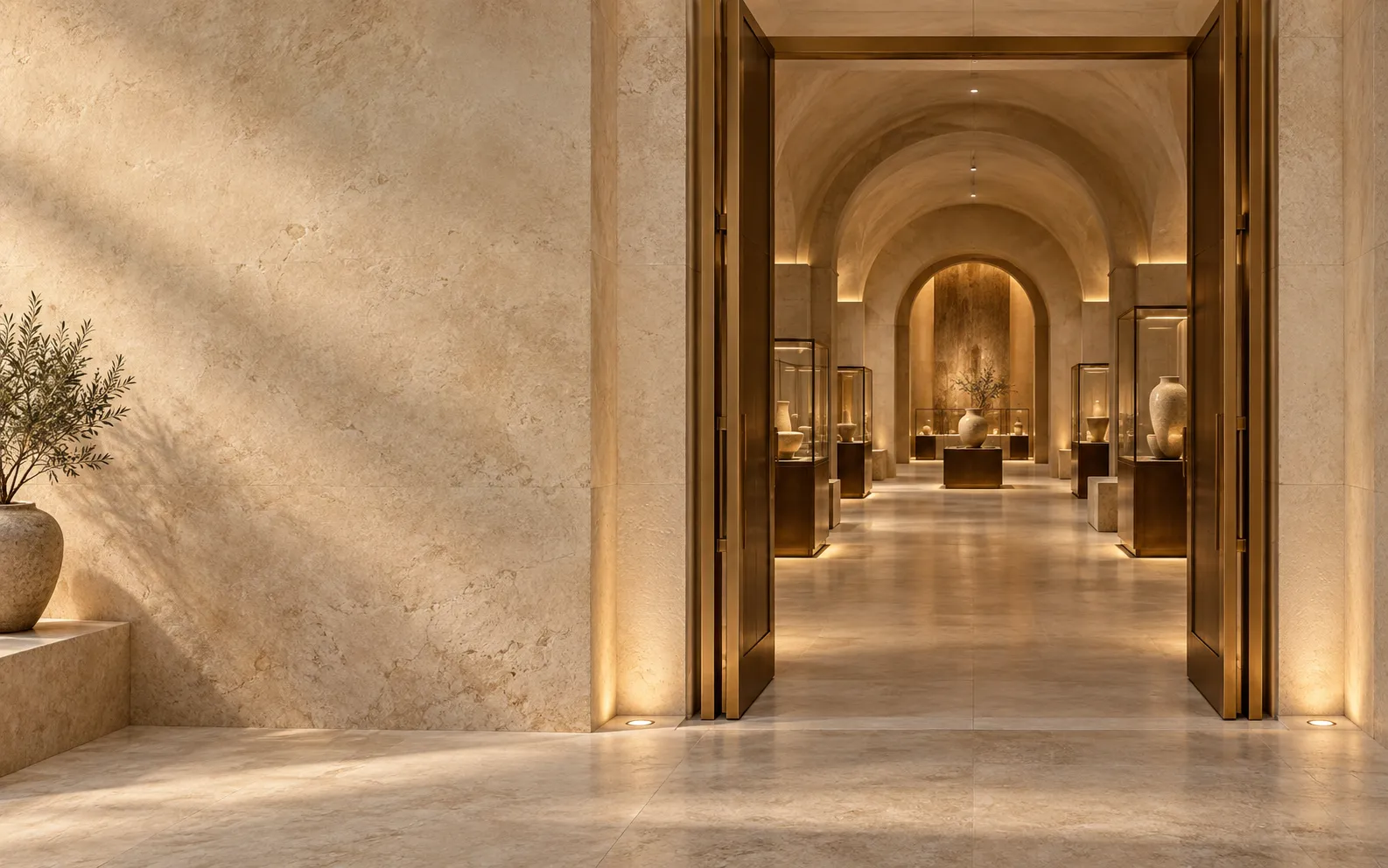 Warm stone entrance opening into a connected gallery.