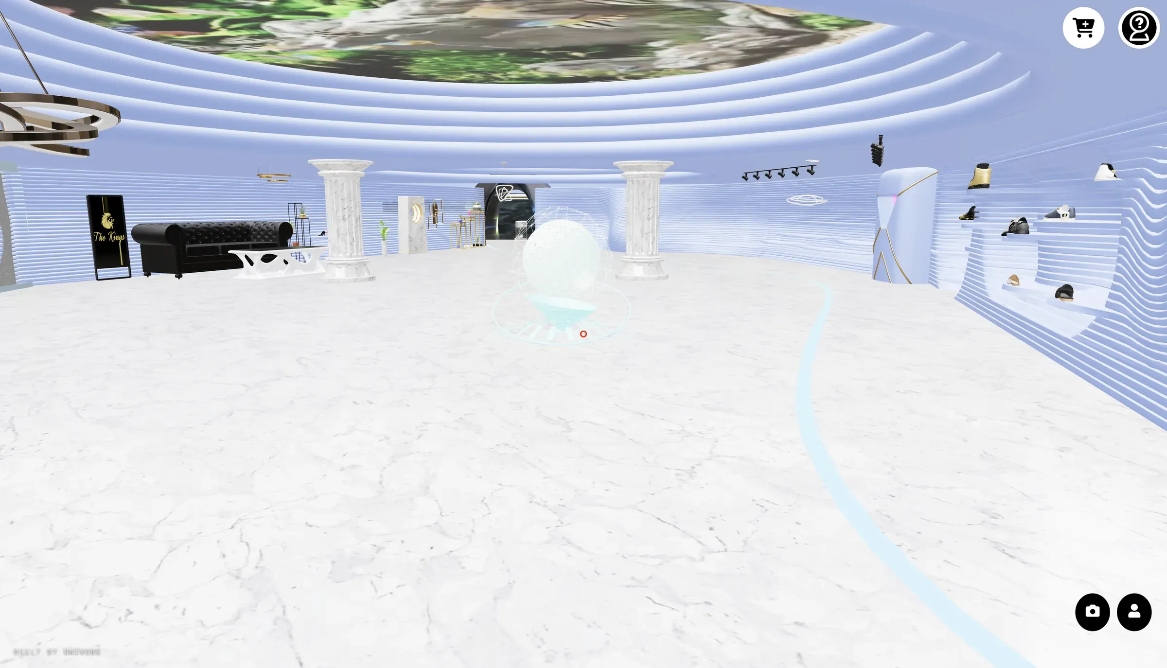 Genuine first-party The Kings demonstration: blue and white store hall.